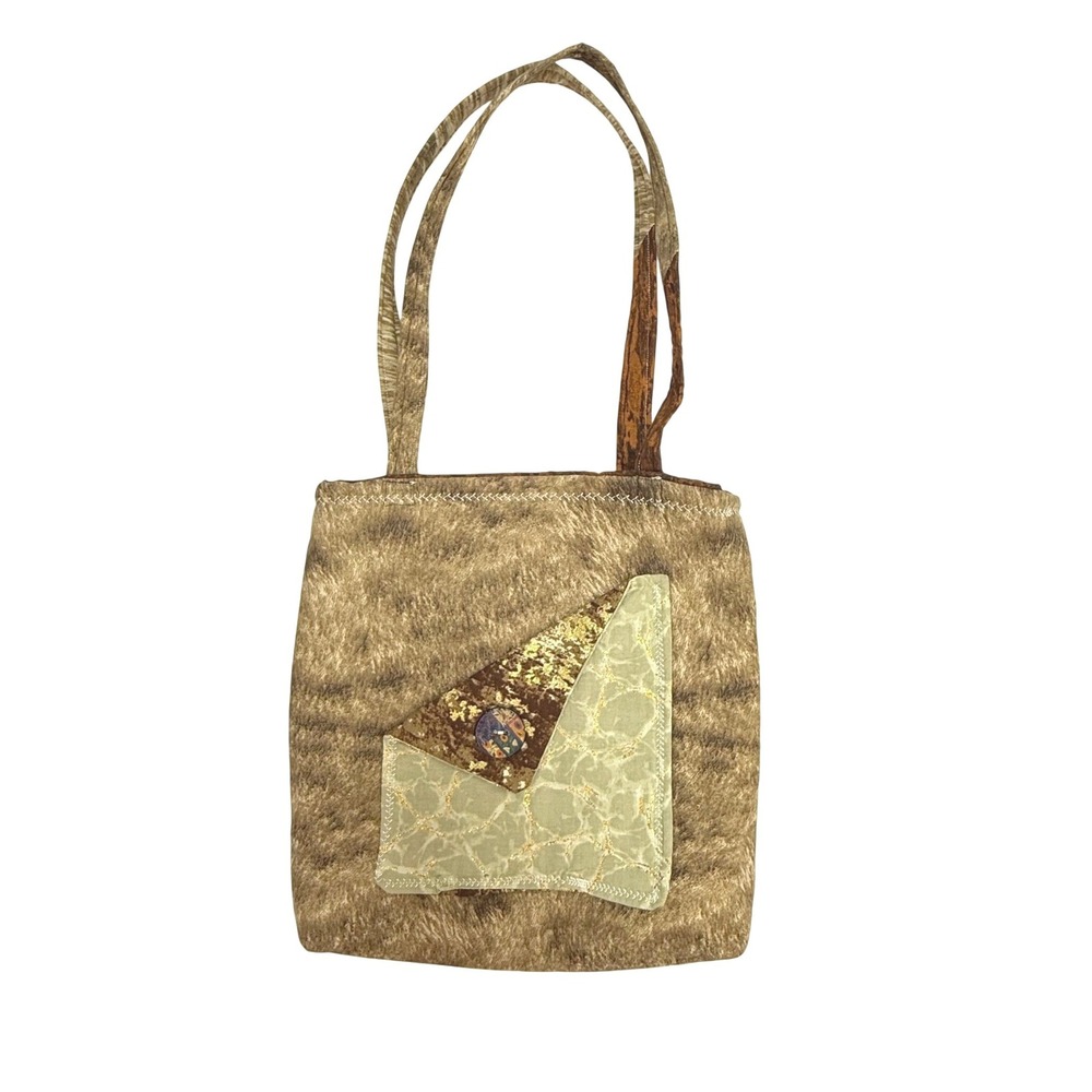 Handcrafted Tote Bag Small Brown Gold Patchwork Artisan Earthy Boho Handmade‎